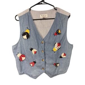 Westbound Vest Womens XL Blue Denim Ladybug Embroidered Applique Top Cute